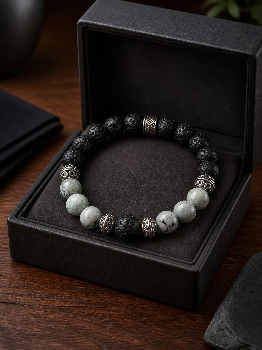 African Tourquise And Lava Rock Beaded Bracelet with Silver Accents